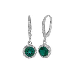 Featuring lab-created emerald stones framed by lab-created white sapphires, these sterling silver halo earrings are absolutely stunning.Featuring lab-created emerald stones framed by lab-created white sapphires, these sterling silver halo earrings are absolutely stunning.Earring Details: Length: .94 in. Closures: leverback Metal: rhodium-plated sterling silver Stone Details: Stone type: lab-created emerald, lab-created white sapphire Cut: round Setting: prong, pave Size: One Size. Color: Green. Classic Emerald Earrings With Halo Design, Elegant Round Cut Emerald Earrings, Emerald Dangle Jewelry For Anniversary, Emerald Earrings With Diamond Accents, Emerald Drop Earrings With Diamond Accents, Emerald Jewelry With Diamond Accents, Elegant Diamond-accented Earrings For May Birthstone, Formal Earrings With May Birthstone In Round Cut, Emerald Jewelry With Matching Earrings For Anniversary