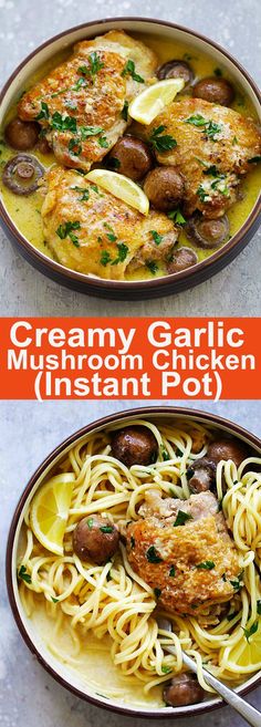 two bowls of creamy garlic mushroom chicken and pasta