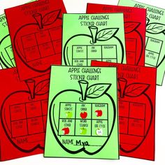 four apple themed sticker chart cards with names and pictures on them, all in green and red