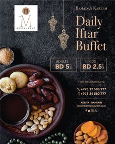 an advertisement for the daily buffet with nuts and other food items on a black background