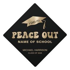 Funny Peace Out School Name Black Gold Graduation Cap Topper, Adult Unisex, Size: Large, Pale Blue Gold Graduation Cap, Grad Cap Topper, High School Graduation Cap, Graduation 2024, Gold Typography, Graduation Cap Toppers, 60s Retro, Grad Cap, High School Graduation