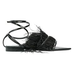 Saint Laurent Era 105 Black Feather Wrap Around Ankle Strap Flat Sandal These Saint Laurent flat sandals are an elegant and subtle statement shoe that can achieve an elevated look. Featuring wrap around ankle buckle closure, a pointed toe, patent leather contrast details and a soft feather accent. Brand new. Made in Italy. Size: 38 (FR) Feather Wrap, Saint Laurent Sandals, Ankle Strap Sandals Flat, Ankle Strap Flats, Ankle Wrap Sandals, Statement Shoe, Feather Trim, Wrap Sandals, Black Feathers