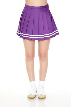 Varsity-Striped Pleated Mini Skirt Retro Pleated Mini Skirt For School, Pleated Tennis Skirt For Cheerleading, Preppy Mini Tennis Skirt For School, School Uniform Tennis Skirt In Mini Length, Preppy Pleated Tennis Skirt, Preppy Lined Tennis Skirt For School, Preppy Spring Tennis Skirt For School, Preppy Mini Pleated Skirt For School, Retro Pleated Skort For School