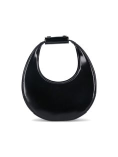 Staud mini Moon bag in shiny black leather with half-moon design, all-over tone-on-tone stitching, rigid top handle, removable strap detail with embossed logo, adjustable and removable shoulder strap, magnetic closure, single inner compartment. Composition: 100% Leather Black Staud Shoulder Bag For Formal Occasions, Modern Staud Bag With Round Handle, Staud Black Formal Shoulder Bag, Modern Staud Shoulder Bag, Formal Black Staud Shoulder Bag, Staud Black Formal Bags, Chic Black Staud Shoulder Bag, Elegant Black Staud Shoulder Bag, Elegant Black Staud Bags