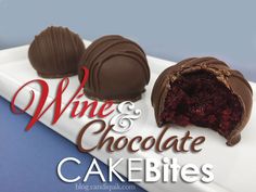 three pieces of chocolate cake on a plate with the words wine and chocolate cakes below it