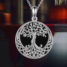 Black Onyx Tree of Life Necklace 925 Sterling Silver Celtic Knot Pendant Necklace for Women Jewelry Tree Of Life Pendant Black, Silver Tree Of Life Round Pendant Necklace, Black Sterling Silver Necklace With Silver Clasp, Black Necklace With Sterling Silver Clasp, Black Jewelry With Silver Chain And Round Pendant, Black Necklace With Silver Chain And Round Pendant, Celtic Knot Pendant, Tree Of Life Necklace, Tree Of Life Pendant