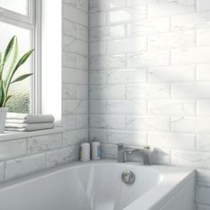 a white bath tub sitting under a window next to a plant in a vase on top of a counter