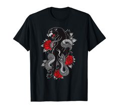 PRICES MAY VARY. Panther drawn in traditional japanese black in tattoo style. Oldschool cobra snake serpent fight and classic wild roses vintage animal print. Snakes and Roses Tees are designed to be fitted. If you prefer a loose fit, order a size up! Lightweight, Classic fit, Double-needle sleeve and bottom hem Snakes And Roses, Black Ink Tattoo, Tattoo T Shirt, Traditional Japanese Tattoos, Tattoo T Shirts, Snake Tattoo, Black Ink Tattoos, Vneck Tshirt Women, Traditional Japanese