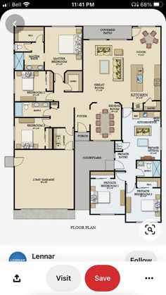 the floor plan for an apartment with three bedroom and two bathrooms on each side,