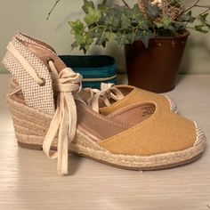 Size 6. I’m A 6.5 And These Fit Comfortably. Tried On But Never Worn! Closed Toe, Back Strap, Shoelace-Style Ankle Ties, 3” Jute Wedge Heel. Style Is Monte, Color Is Light Brown But More Of A Mustard Color. Casual Lace-up Wedge Sandals With Woven Sole, Casual Adjustable Lace-up Heels, Casual Adjustable Heels For Spring, Casual Lace-up Beach Heels, Casual Espadrilles With Medium Width And Round Toe, Casual Lace-up Espadrilles With Removable Insole, Casual Beige Lace-up Sandals, Brown Cushioned Wedge Heel Espadrilles, Spring Lace-up Wedge Sandals With Woven Sole