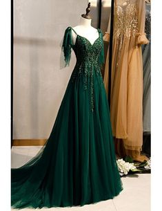 Dark Green Prom Dress, Prom Dress With Train, Party Gown Dress, Green Evening Dress, A Line Evening Dress, Spaghetti Strap Prom Dress, Evening Party Gowns, Occasion Dresses Wedding, فستان سهرة