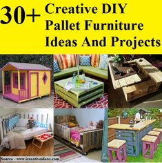 there are many different types of furniture made out of pallet wood and painted in bright colors