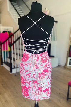 Pink Sequins Flower Print Lace-Up Mini Cocktail Dress Tight Homecoming Dress, Homecoming Dresses Sparkly, Sparkly Prom Dresses, Mini Prom Dresses, Homecoming Dresses Short Tight, Vestidos Color Rosa, Mini Homecoming Dresses, White Homecoming Dresses, Blue Homecoming Dresses