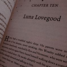 an open book with some writing on it's pages and the words luna lovegood written in black ink