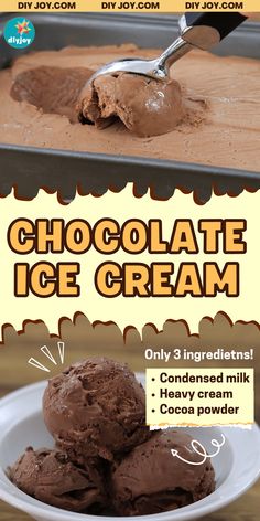 chocolate ice cream on a white plate with a spoon in it and an advertisement for the product