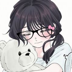 a girl with glasses holding a teddy bear