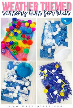 four different ways to make an art project for kids that includes materials such as construction paper and buttons