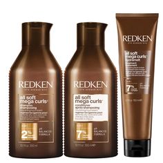 Featuring three intensely moisturising formulas from the All Soft Mega Curl collection, the Redken Routine Set for Curly and Coily Hair delivers a much needed boost of hydration and definition. The set features a shampoo and two conditioners that work in harmony to deliver up to 72 hours of nourishment.  Set Contents:  All Soft Mega Curls Shampoo 300ml  Starring a blend of aloe and glycerin, this thirst-quenching formula sets to work to gently cleanse the strands, leaving hair feeling fresh and bouncy.  All Soft Mega Curls Conditioner 300ml  A multi-purpose conditioner that detangles and nourishes dry curls and coils. The formula utilises cactus flower extract to add bounce to the hair, while inca inchi oil encourages a stronger look.  All Soft Mega Curls HydraMelt Leave-In Hair Conditione Redken All Soft, Curl Conditioner, Curl Shampoo, Nourishing Shampoo, Coily Hair, Moroccan Oil, Leave In Conditioner, Kylie Cosmetics, Wet Hair