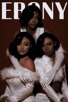 two women in white fur coats are posing for the cover of erony magazine