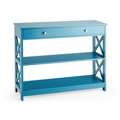 a blue console table with two drawers and one shelf on the bottom, against a white background