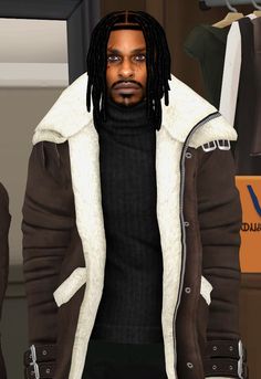 a man with dreadlocks wearing a brown jacket and black turtle - neck sweater