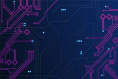 an abstract blue and purple background with many electronic components in the shape of a circuit board