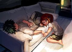 two people laying on a bed in the middle of an animated scene, with one person sleeping