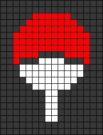 a pixellated image of a mushroom with red and white dots on the top, against a black background