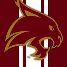 the maroon and gold team logo on a red striped background with white vertical stripes in the center