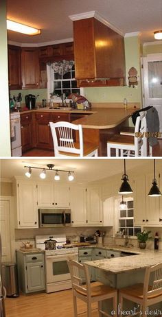 before and after pictures of a kitchen remodel with white cabinets, wood flooring and island