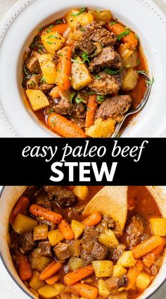 two images showing the same stew in different bowls with spoons, and one shows how to make this easy palen beef stew