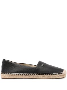 black leather slip-on style flat rubber sole braided raffia sole logo patch to the side Michael Kors Slides, Espadrilles Black, Brown Espadrilles, Michael Kors Flats, Black Shoe, Slip On Espadrilles, Black Espadrilles, Espadrille Shoes, Flat Espadrille