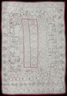 an embroidered cloth with various designs and words on the bottom, along with pink trim