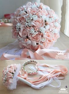 the bridal bouquet is made up of pink roses and white flowers with ribbons around it