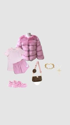 an assortment of clothing and accessories on a white background, including pink fur coat, necklaces, bracelets, earrings, ring