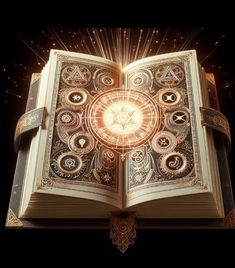 an open book with the light coming out of it's center and surrounded by symbols