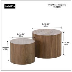 two wooden stools with measurements for each side and the top one is made out of wood