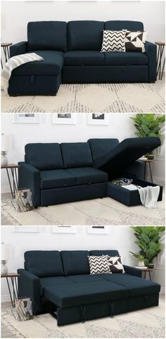 this is an image of a couch with pillows on it and the bottom one has a pull out bed