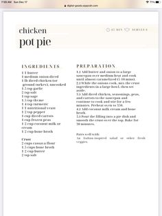 the chicken pot pie recipe is displayed on an ipad