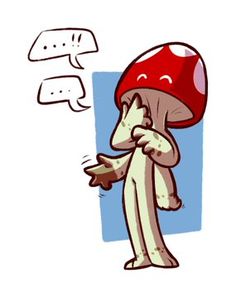 a person with a mushroom on their head and speech bubbles in the air above them