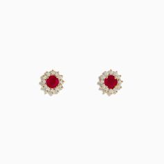 Effy Ruby Royal 14K Yellow Gold Round Diamond Halo Ruby Stud Earrings, 0.89 TCW 14k Gold Cluster Earrings For Formal Occasions, Formal 14k Gold Cluster Earrings, 14k Gold Cluster Earrings With Brilliant Cut, Red 14k Gold Earrings, Gold Cluster Earrings In 14k, Red 14k Gold Earrings Fine Jewelry, Red 14k Gold Earrings For Anniversary, Ruby Stud Earrings, Round Diamond Halo