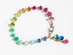 Solid Gold 14K Rainbow Precious Gemstone Wire Wrapped Bracelet - Valltasy Ombre Bracelet, Multi Gemstone Bracelet, Bracelet Rainbow, Double Necklace, Rainbow Gemstones, Wire Wrapped Bracelet, Rainbow Bracelet, Solid Gold Chains, Pink Topaz