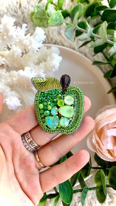 Handmade beaded green apple brooch 🍏💚 Unique Handmade Green Brooches, Green Beaded Brooches As Gift, Green Beaded Brooches For Gift, Unique Green Brooches For Gifts, Unique Green Brooches As Gifts, Unique Green Beaded Brooches, Unique Green Brooch For Gift, Handmade Round Beads Brooches For Gifts, Beaded Fruit