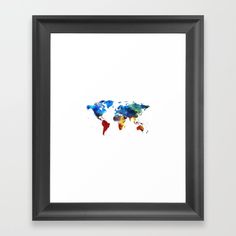 a watercolor map of the world framed in a black frame