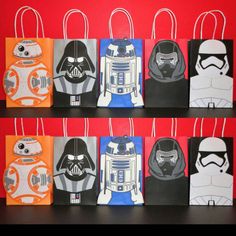 star wars treat bags are lined up on a red background with black and white images