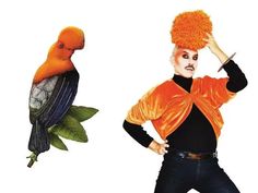 a woman with an orange mohawk and a bird on her head are standing next to each other