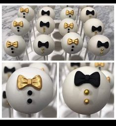 cake pops decorated with gold and black bow ties