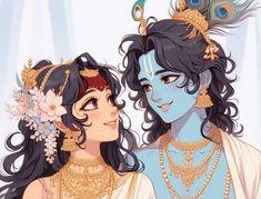 Krishna Fanart, Rukmini Krishna, Painted Mirror Art, Vector Portrait Illustration, Mother Kali, Vedic Art, Hinduism Art, Best Anime Couples