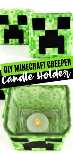 an empty candle holder made out of minecraft creeper blocks with the text diy minecraft creeper candle holder