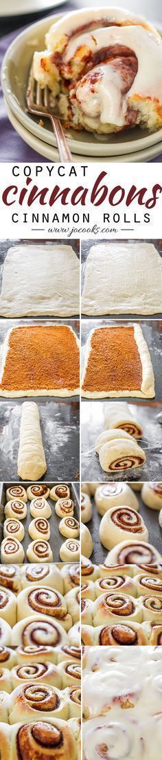 the process of making cinnamon rolls with cream cheese and icing on top is shown